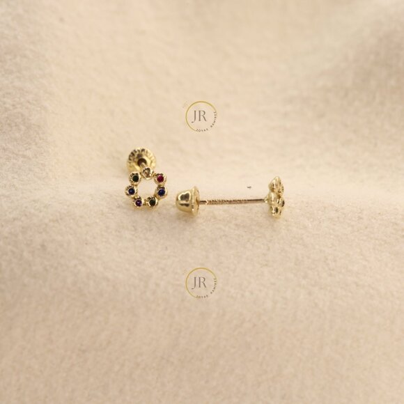 14K Solid Gold Circle Stud Earrings with Multicolor CZ · 4mm Dainty Design. - Picture 3 of 8